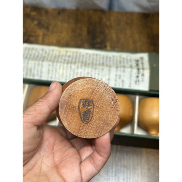 Vtg Japanese Yakusugi Cedar Sake Cups Set (5) Handcrafted Wood Japan Ochoko - Picture 6 of 9
